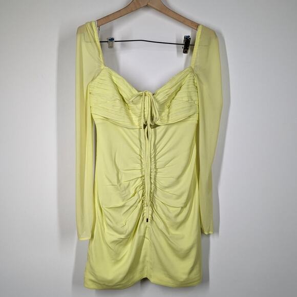 Self-Portrait Lime Cutout Ruched Mini Dress Long Sleeve Mesh Size 4 Preowned - Picture 4 of 15
